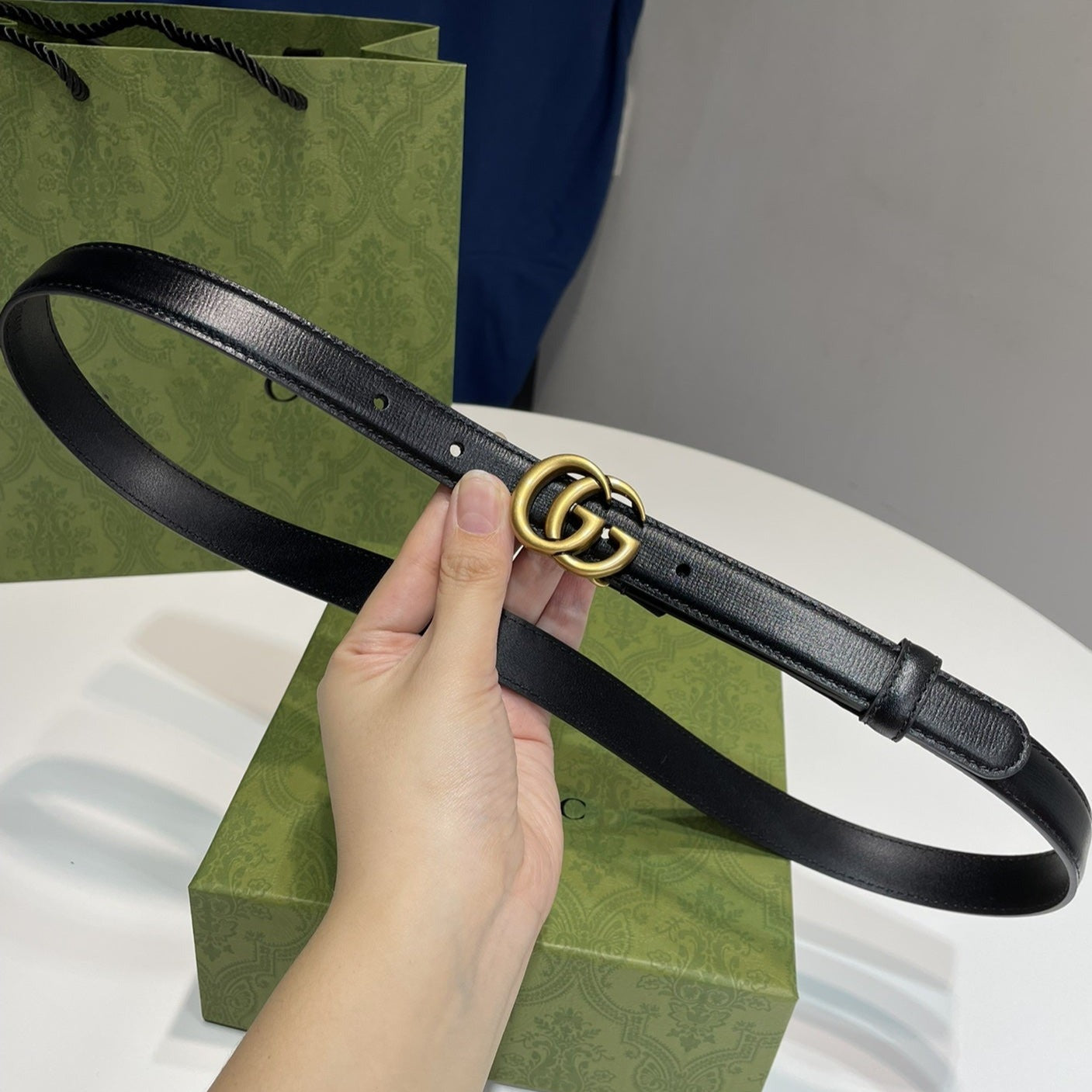 GG BELT DOUBLE G GOLD BUCKLE 20MM BLACK LEATHER