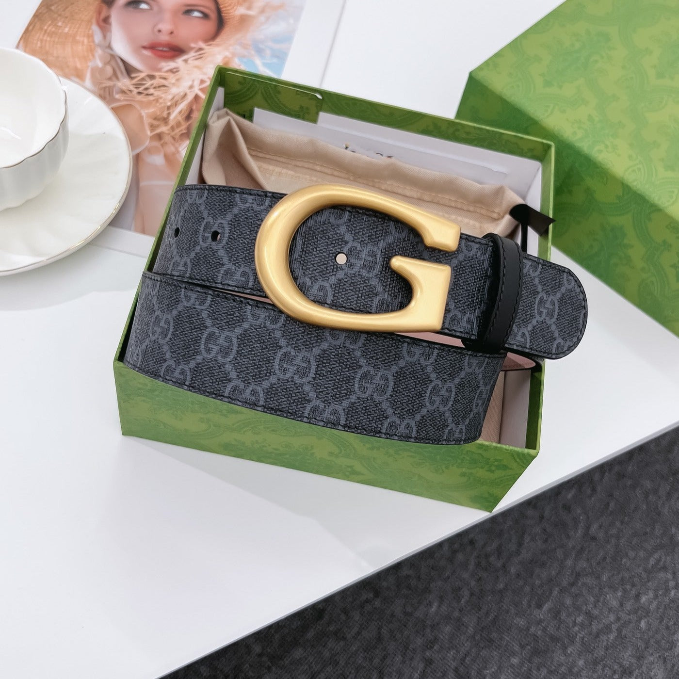 G BELT GOLD BUCKLE BLACK 40MM BEIGE CANVAS