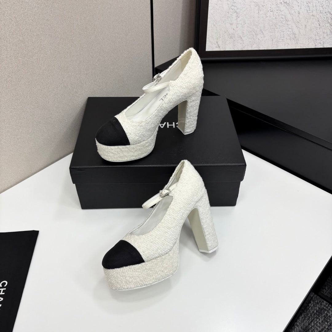 Chanel 25 Platform Thick Heel Shoe White Black Sheepskin