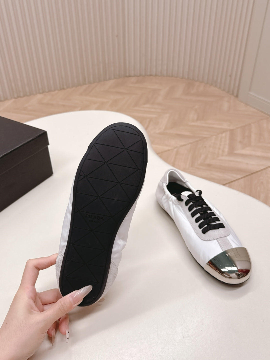 Prada Collapse Sneakers White Gray Re-Nylon and Suede With Metal Toecap 407095