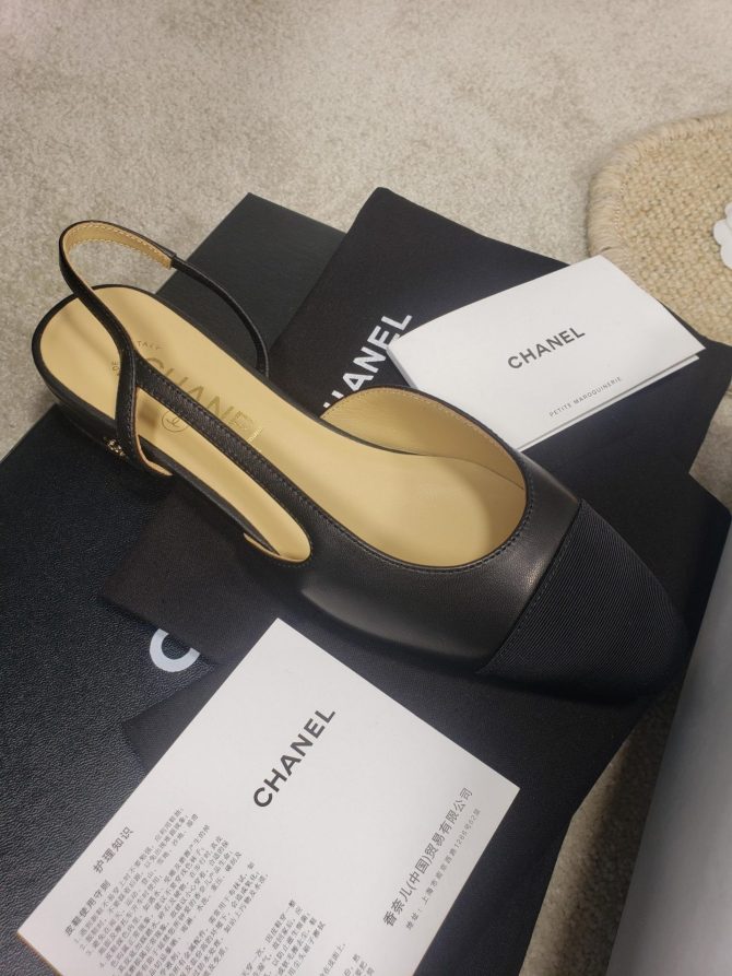 CC Slingback Flat Beige Lambskin Black Grosgrain Lambskin