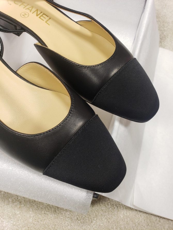 CC Slingback Flat Beige Lambskin Black Grosgrain Lambskin