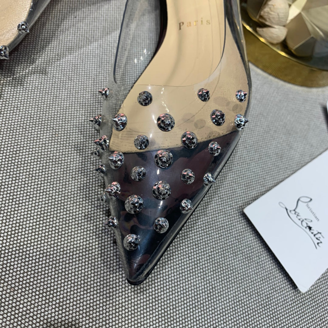 CL Collaclou Spike Clear Flat Embellished Pvc and Patent Leather Black