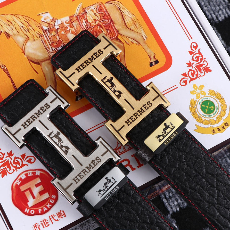 HM Belt 38mm Black Cowhide Leather Sliver Buckle 619054