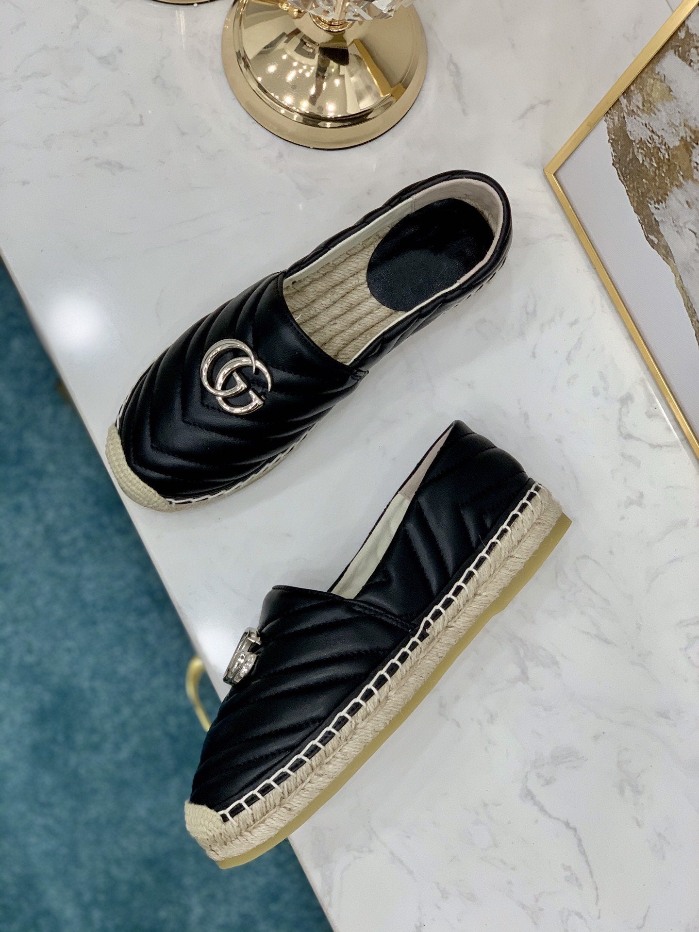 gg espadrilles black calfskin silver gg