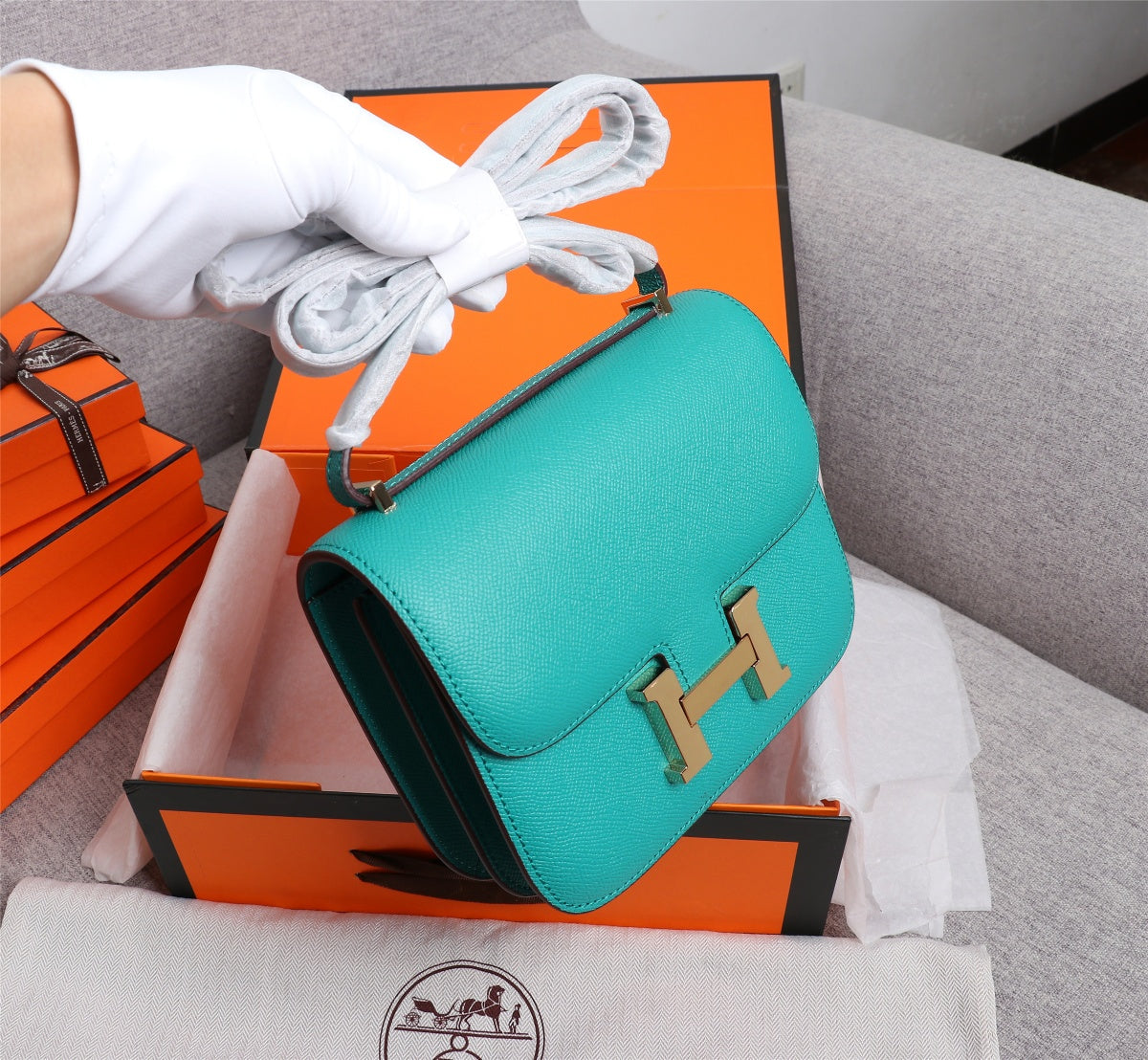 HM CONSTANCE BAG 18 TURQUOISE EPSOM GOLD HARDWARE