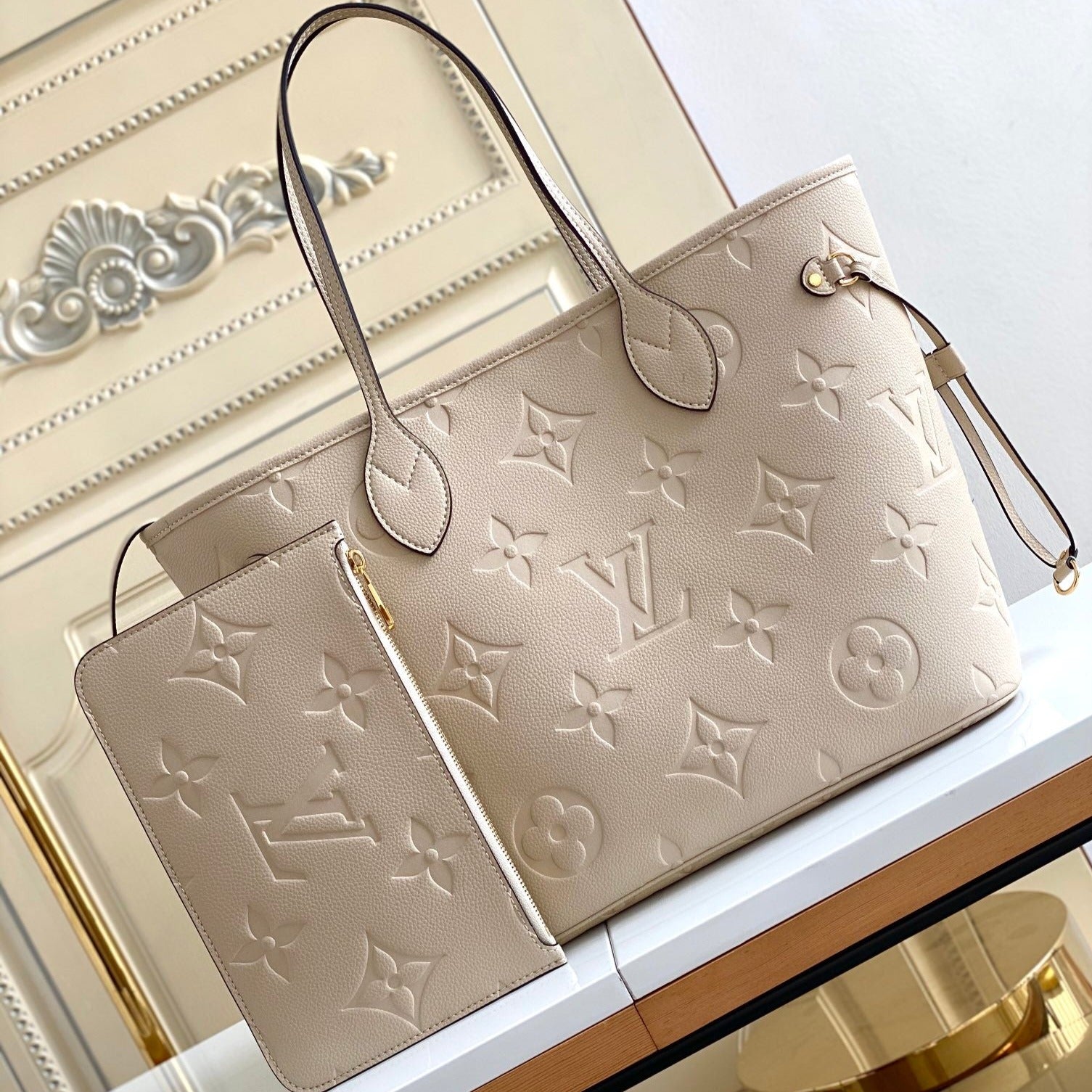 NEVERFULL MM 32 TOURTERELLE GRAY MONOGRAM EMPREINTE LEATHER