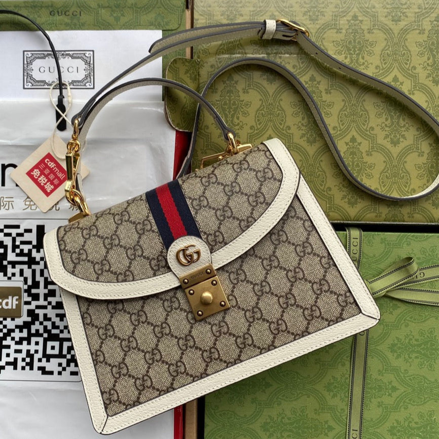 Gucci Ophidia 25cm Bag Ebony White Canvas Leather 239794
