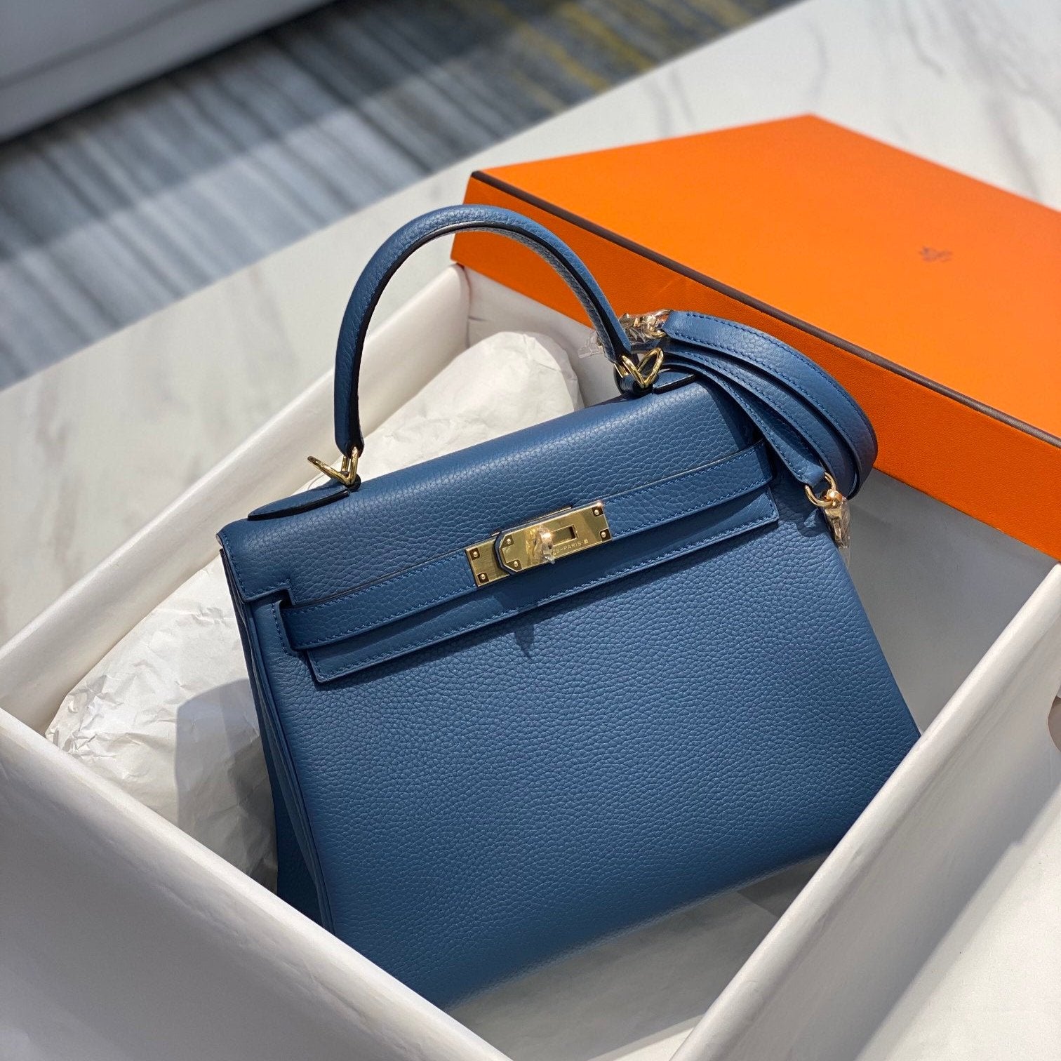 HM KELLY 25CM AGATE BLUE TOGO GOLD HARDWARE