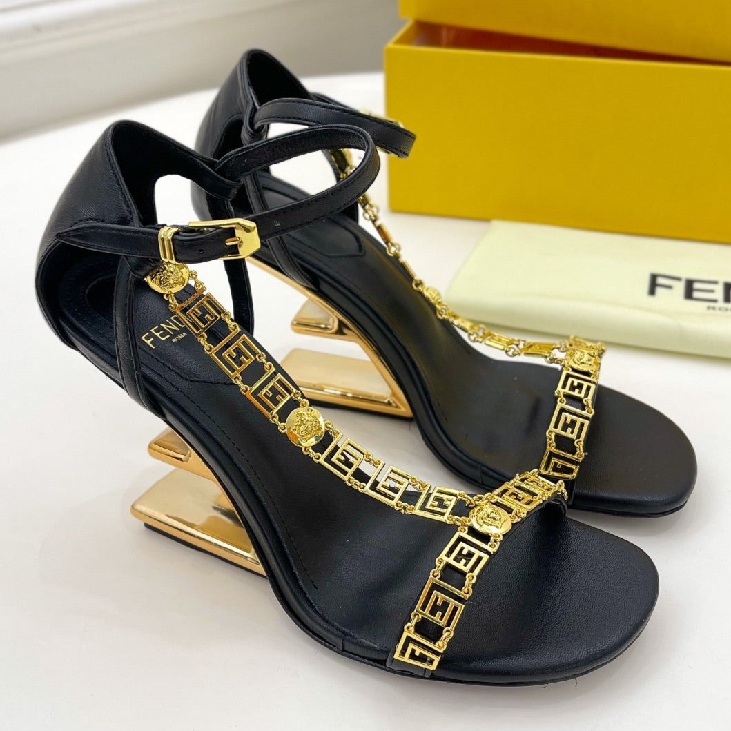 FENDI HIGH-HEELED 85 MM SANDALS IN BLACK LAMBSKIN WITH GOLD HARDWARE