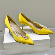Manolo Wheat Ear Rhinestone High Heels Pumps Yellow Silk Fabric 327450