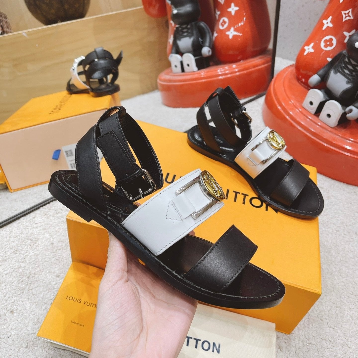 LV Academy Flat Sandal Black White Cowhide