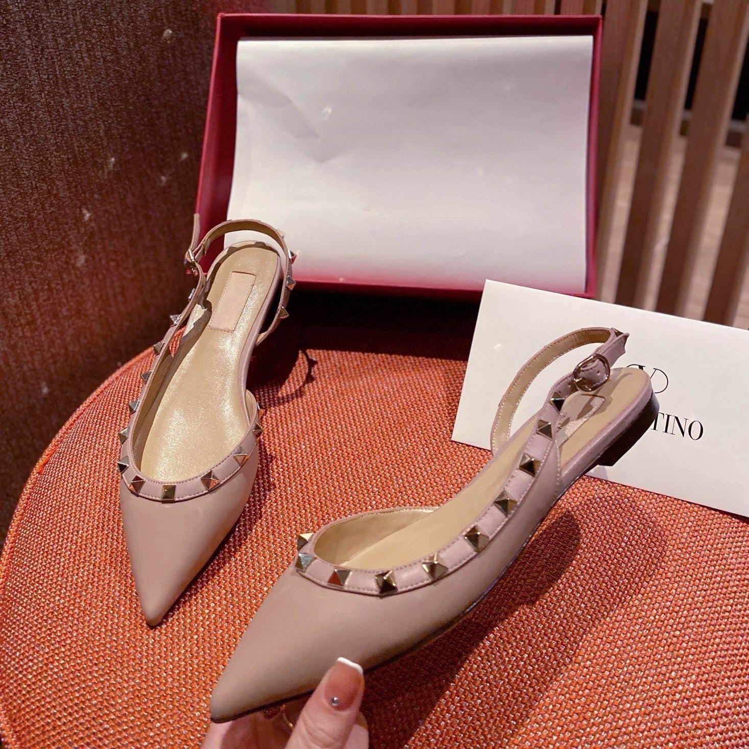 Rockstud Slingback Ballerina Flats Rose Cannelle Leather