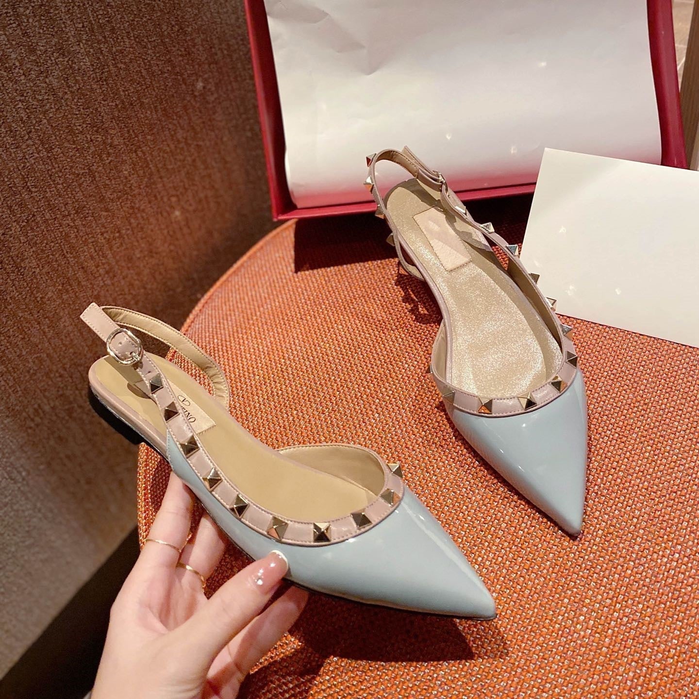 Rockstud Slingback Ballerina Flats Mist Blue Leather