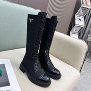 LACE-UP KNEE BOOTS IN BLACK DENIM AND SHEEPSKIN LINING