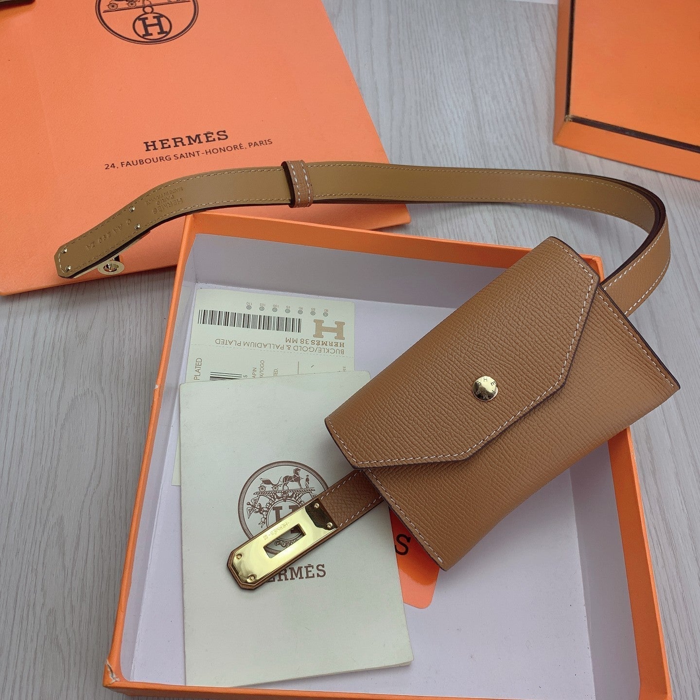 hm kelly belt 18mm with pocket gold calfskin gold buckle