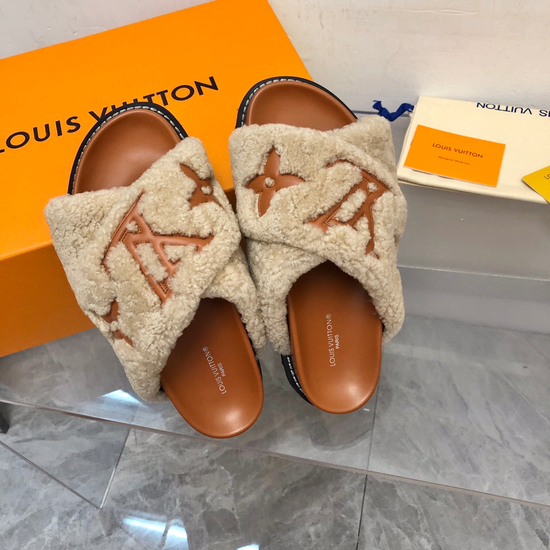 LV Paseo Flat Comfort Mule Beige Brown Fleece
