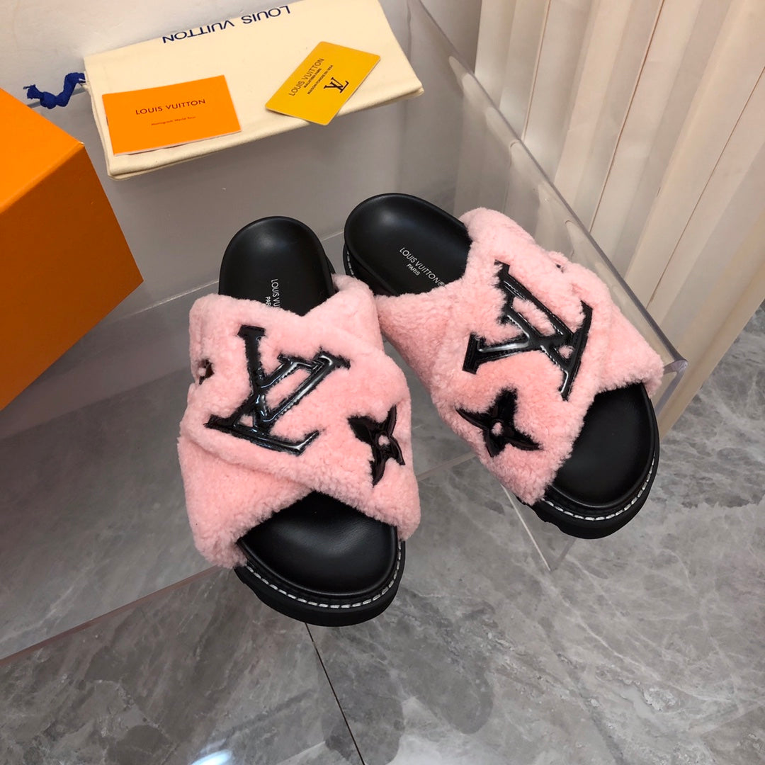 LV Paseo Flat Comfort Mule Pink Black Fleece