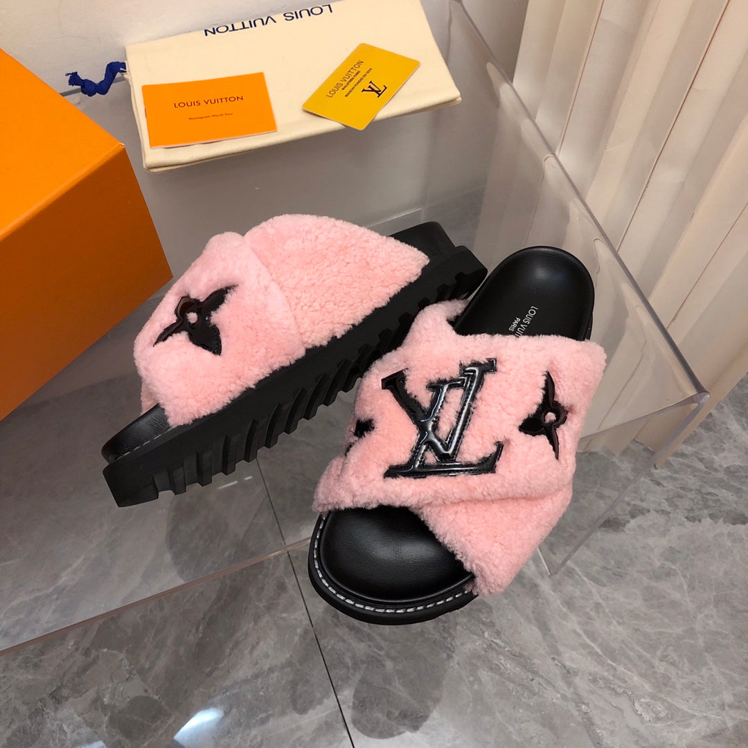 LV Paseo Flat Comfort Mule Pink Black Fleece