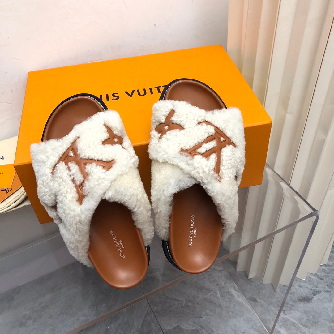 LV Paseo Flat Comfort Mule White Brown Fleece