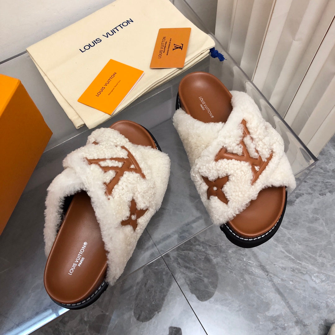 LV Paseo Flat Comfort Mule White Brown Fleece