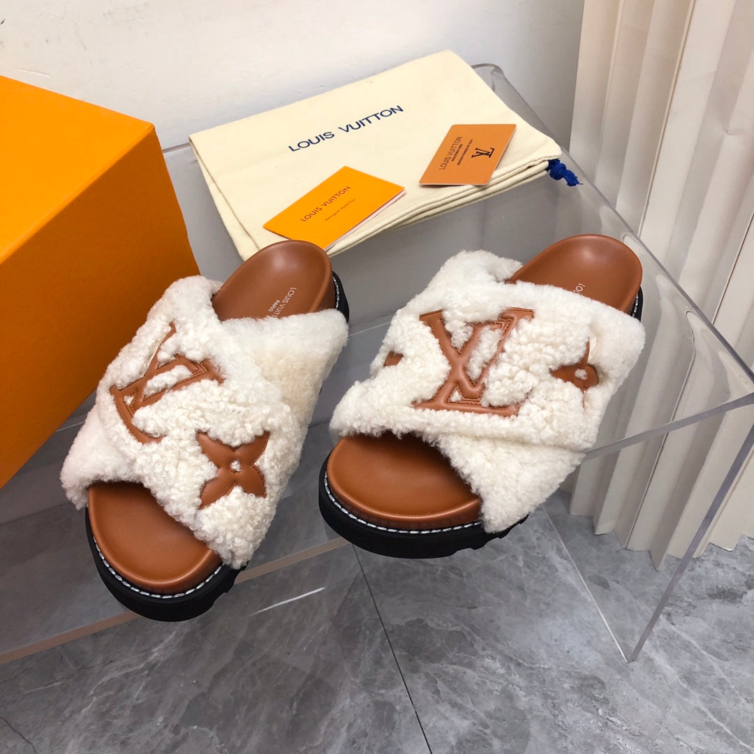 LV Paseo Flat Comfort Mule White Brown Fleece