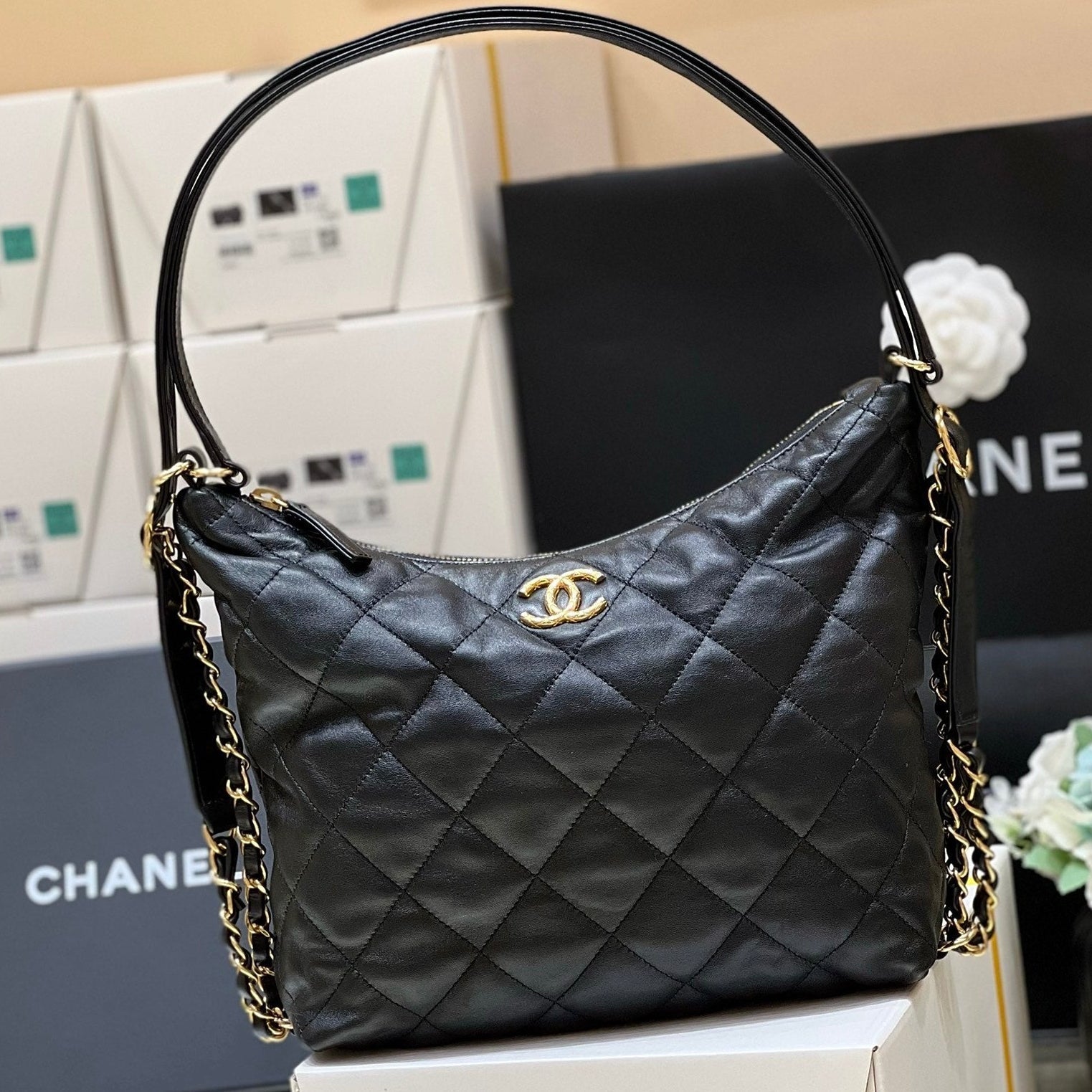 Chanel 2026 Quilted Hobo Bag 25cm Black Leather