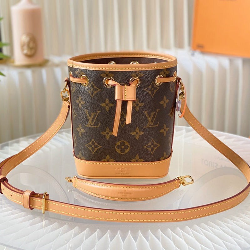 nano noe 13 brown monogram canvas beige calfskin gold hardware