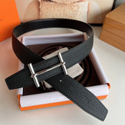 HM BELT BUCKLE & REVERSIBLE BLACK LEATHER STRAP 38 MM SILVER HARDWARE