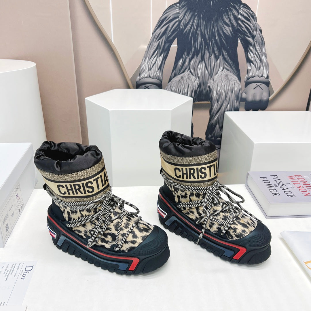 CD Snow Ankle Boots Black Beige Cowhide Nylon Fabric 539662