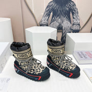 CD Snow Ankle Boots Black Beige Cowhide Nylon Fabric 539662