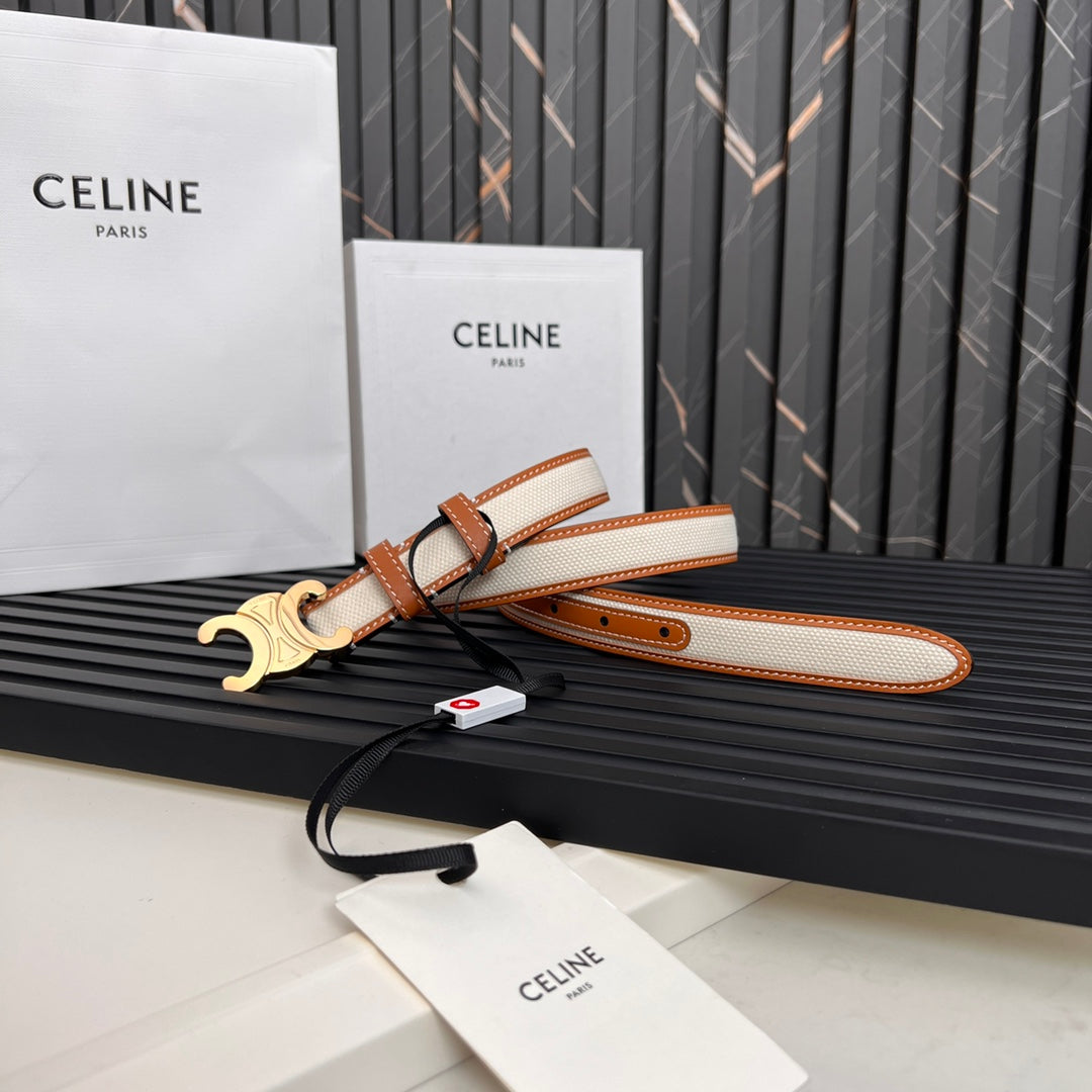 CEL 25mm Triomphe Belt in Taurillon Brown White Canvas 176292