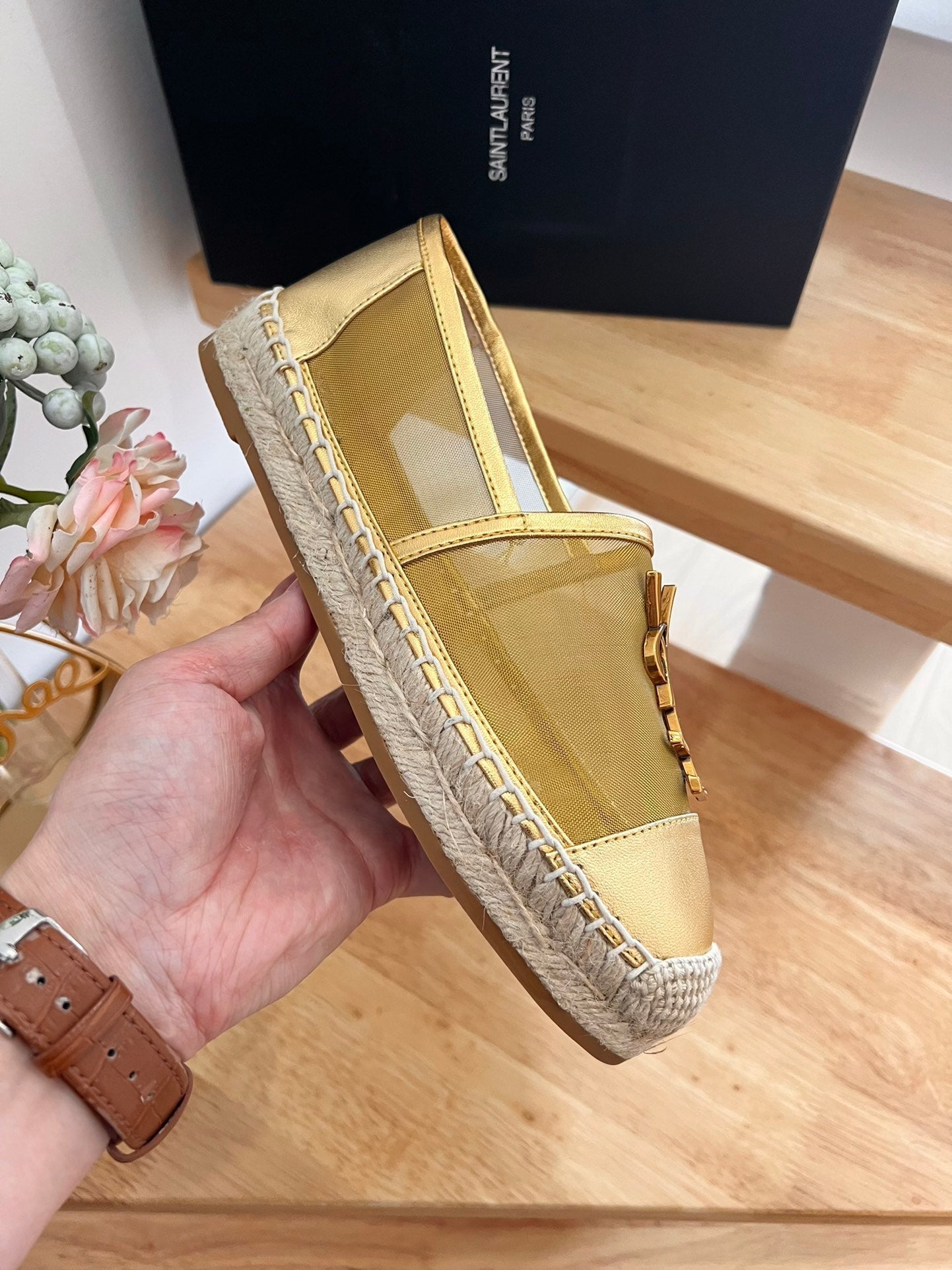 SL YVES LOGO SLIP ON METALLIC GOLD CALFSKIN AND MESH