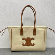 Celine 2026 Cuir Triomphe Cabas Drawstring Tote Bag Natural Tan Canvas Calfskin