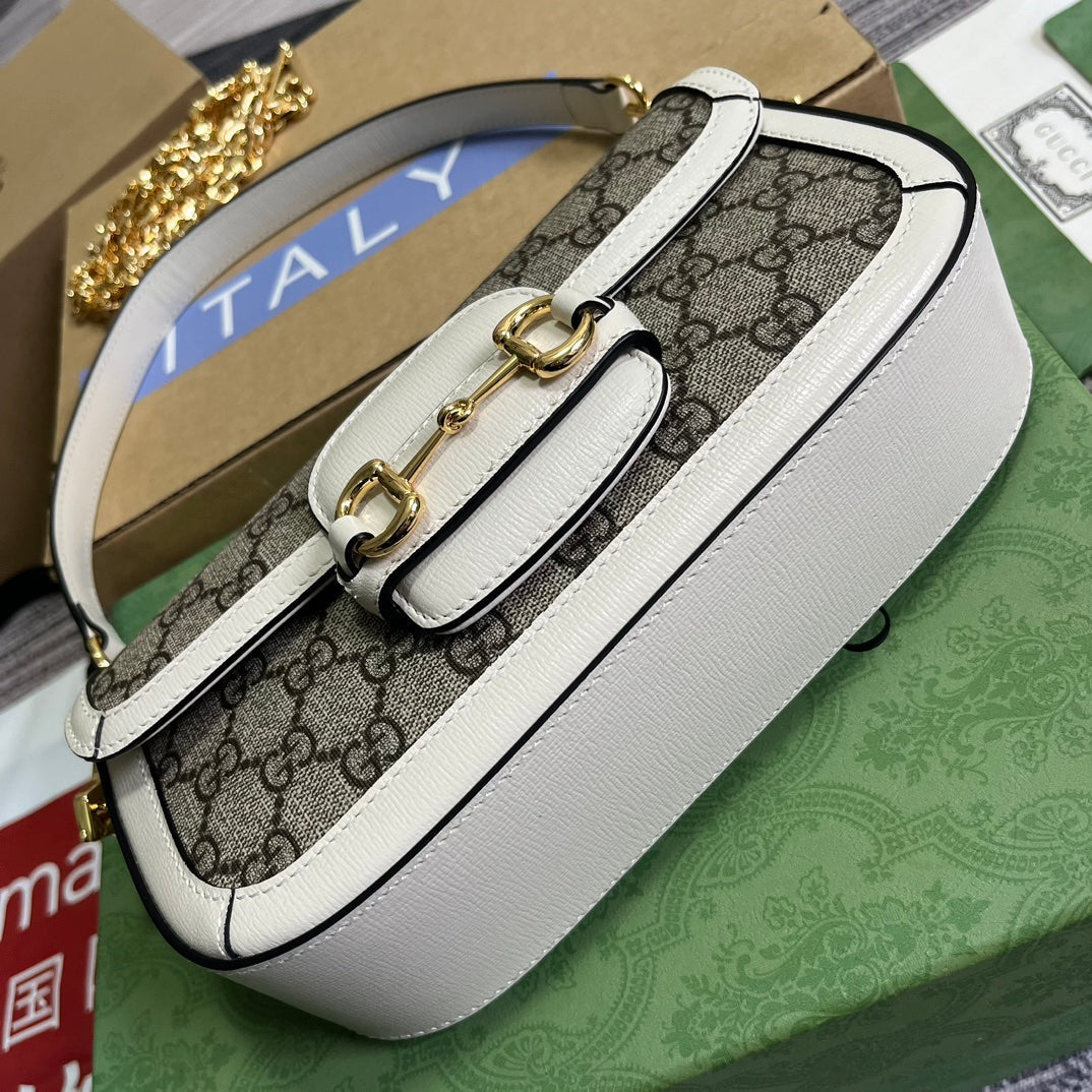 GG HORSEBIT 1955 BAG 24 IN BEIGE CANVAS AND WHITE CALFSKIN