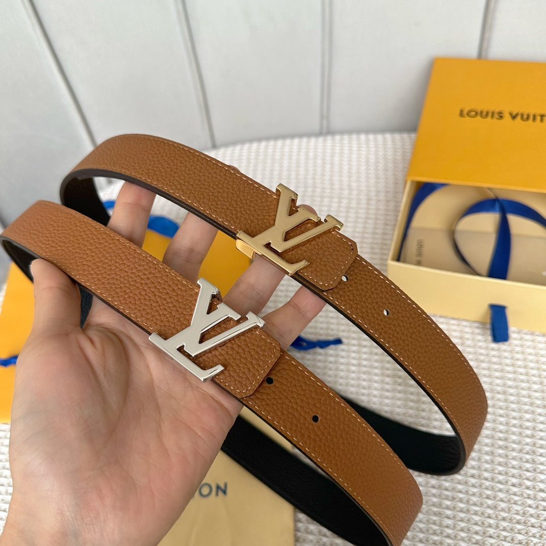 LV Initiales 30mm Reversible Belt Silver Buckle Tan Black Leather