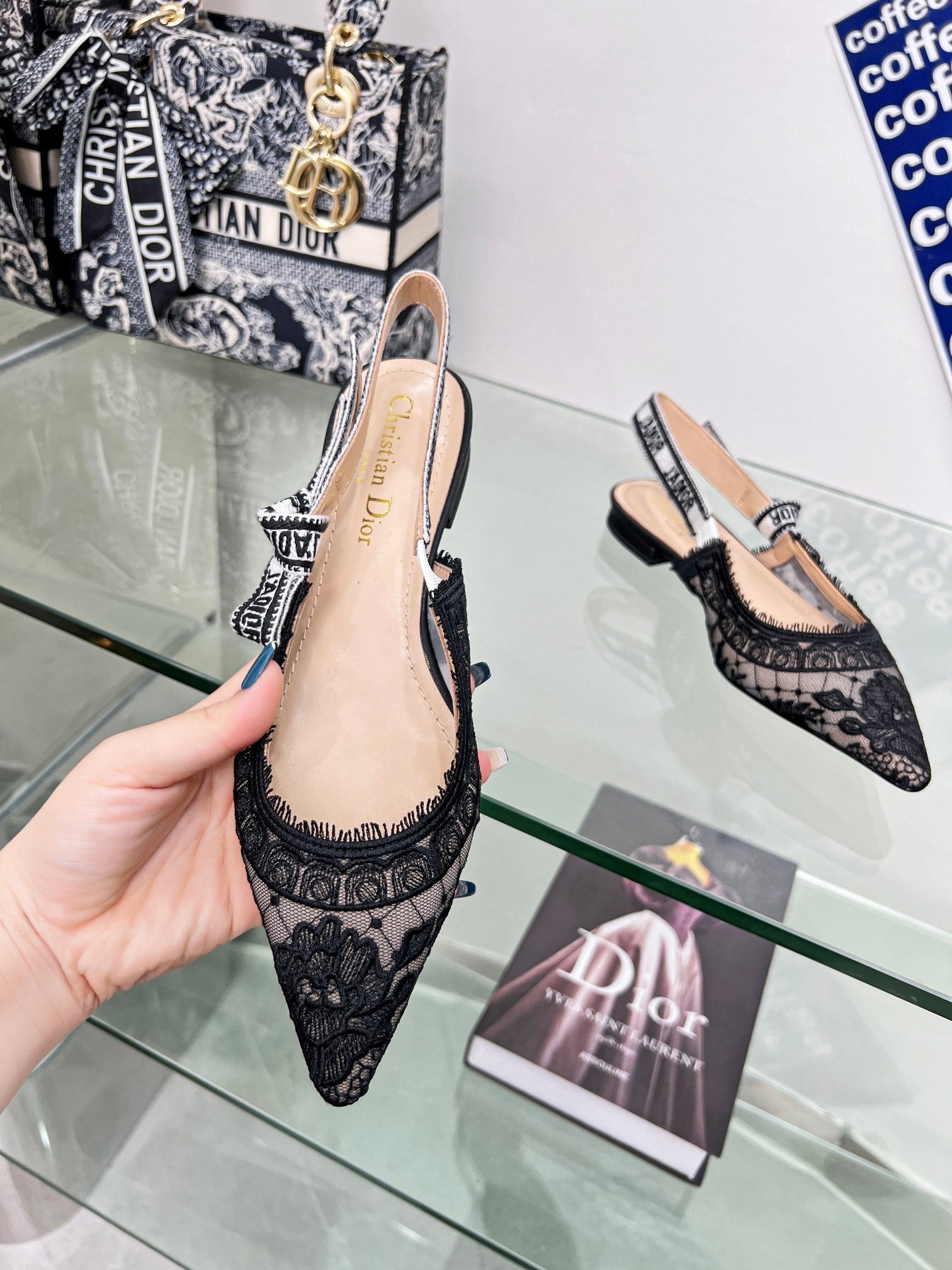 cd slingback flat transparent mesh embroidered black flower moitf