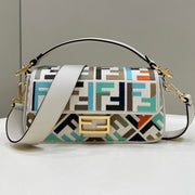BAGUETTE CANVAS 27 BAG WHITE STRAP WITH MULTICOLOUR EMBROIDERY GOLD HARDWARE