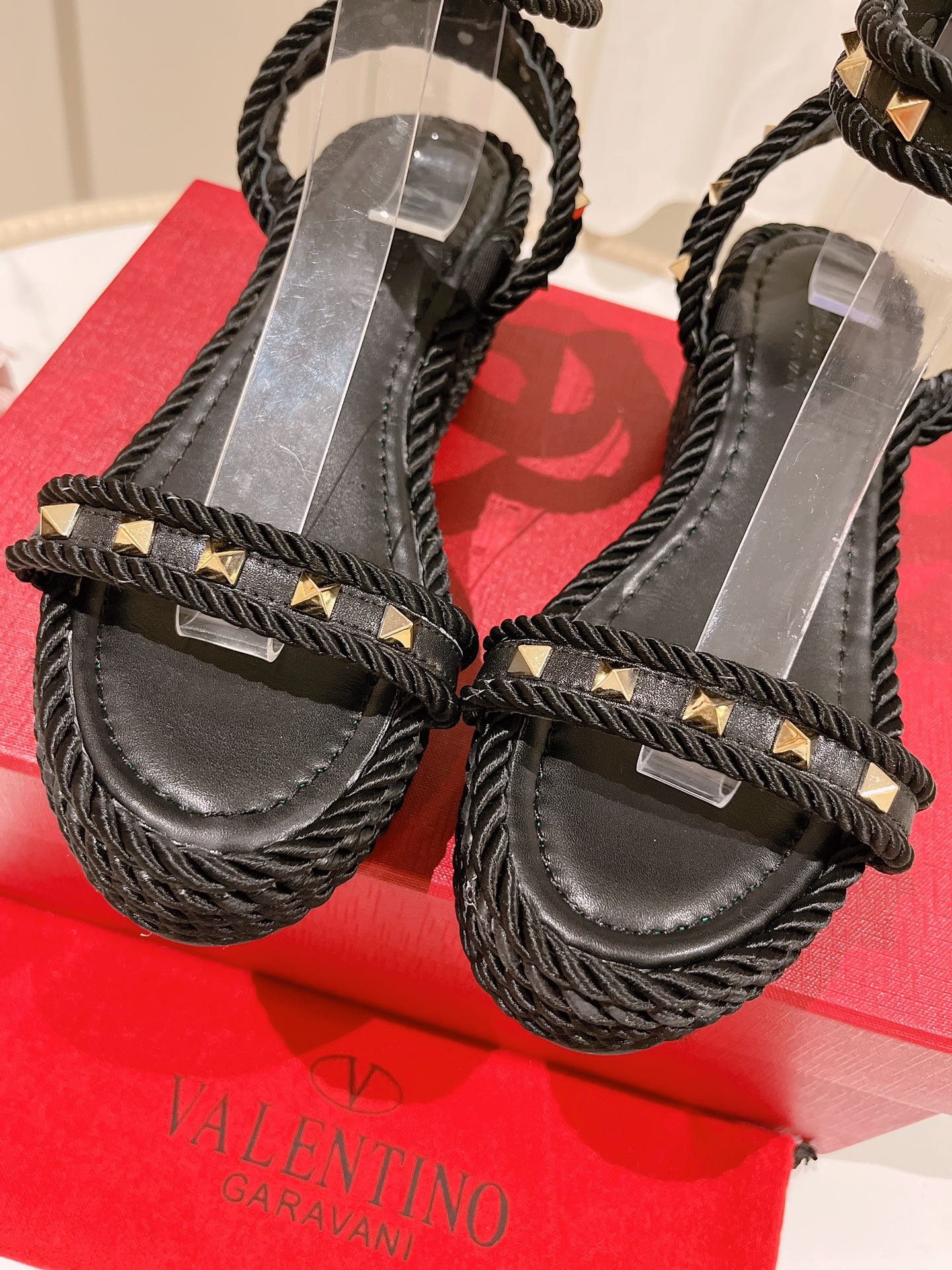 VT Rockstud Platform Sandals 65mm Black Espadrilles Calfskin 521309