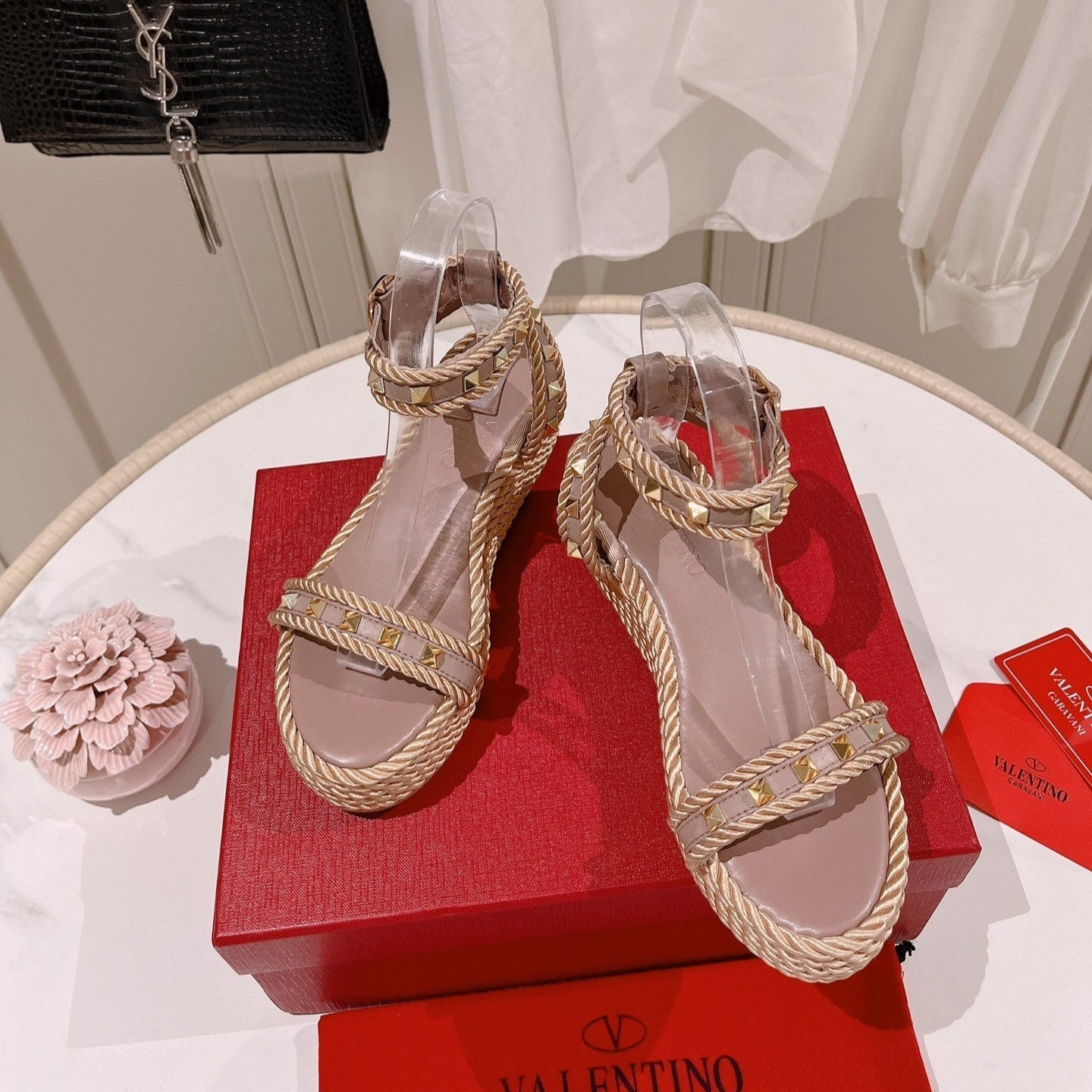 VT Rockstud Platform Sandals 65mm Pink Nude Espadrilles Calfskin 521310