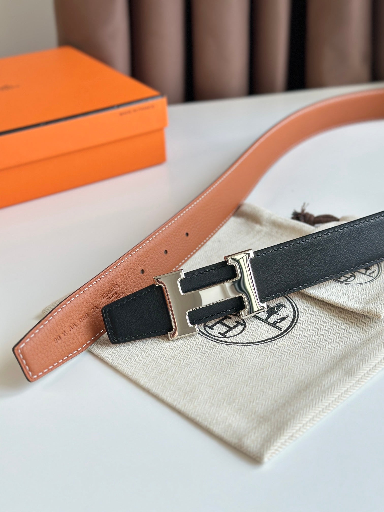 HM Silver H Buckle & Reversible 32mm Belt Brown mix Black leather 124655