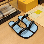 FENDI O'LOCK SLIDES BLACK AND LIGHT BLUE CALFSKIN WITH GOLD HARDWARE