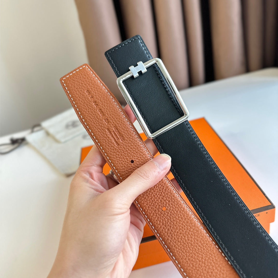 HM TUBE H BELT BUCKLE & REVERSIBLE BLACK AND YAM ORANGE LEATHER STRAP 38MM SILVER HARDWARE