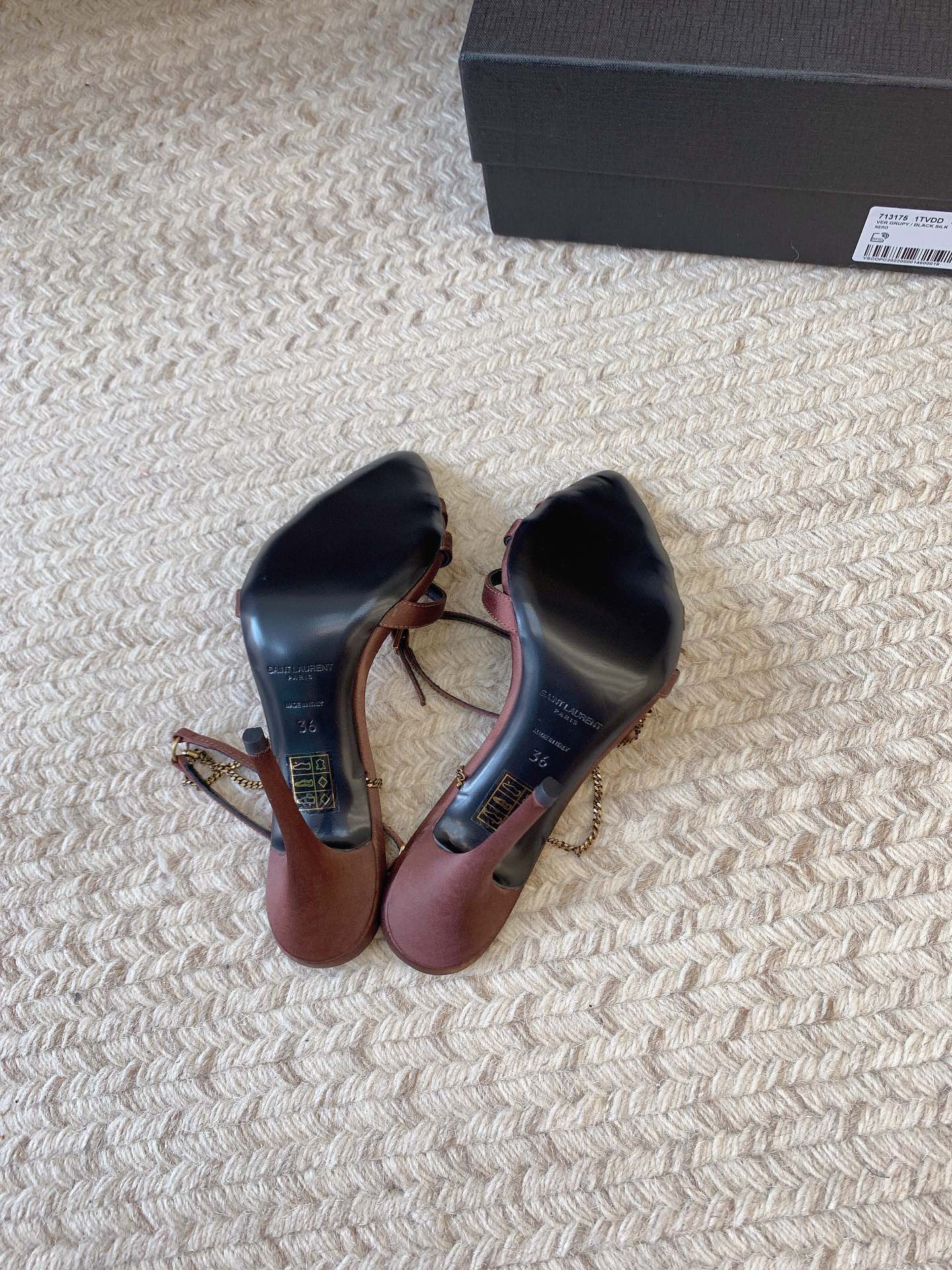 CROSS STRAP HIGH HEEL IN CHESTNUT SILK GOLD CHAIN