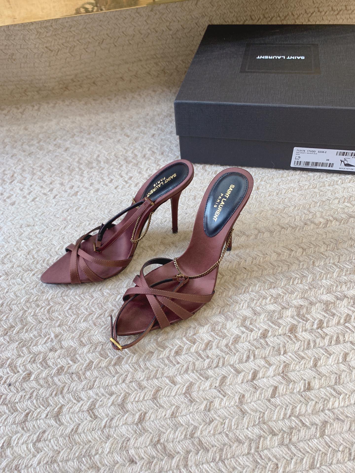 CROSS STRAP HIGH HEEL IN CHESTNUT SILK GOLD CHAIN