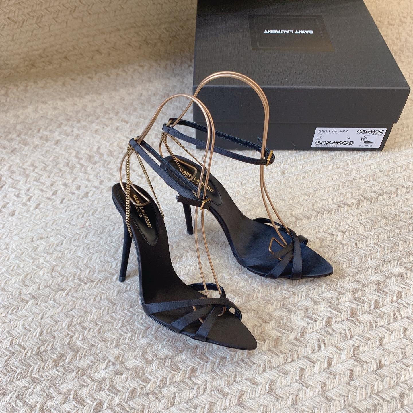 CROSS STRAP HIGH HEEL IN BLACK SILK GOLD CHAIN