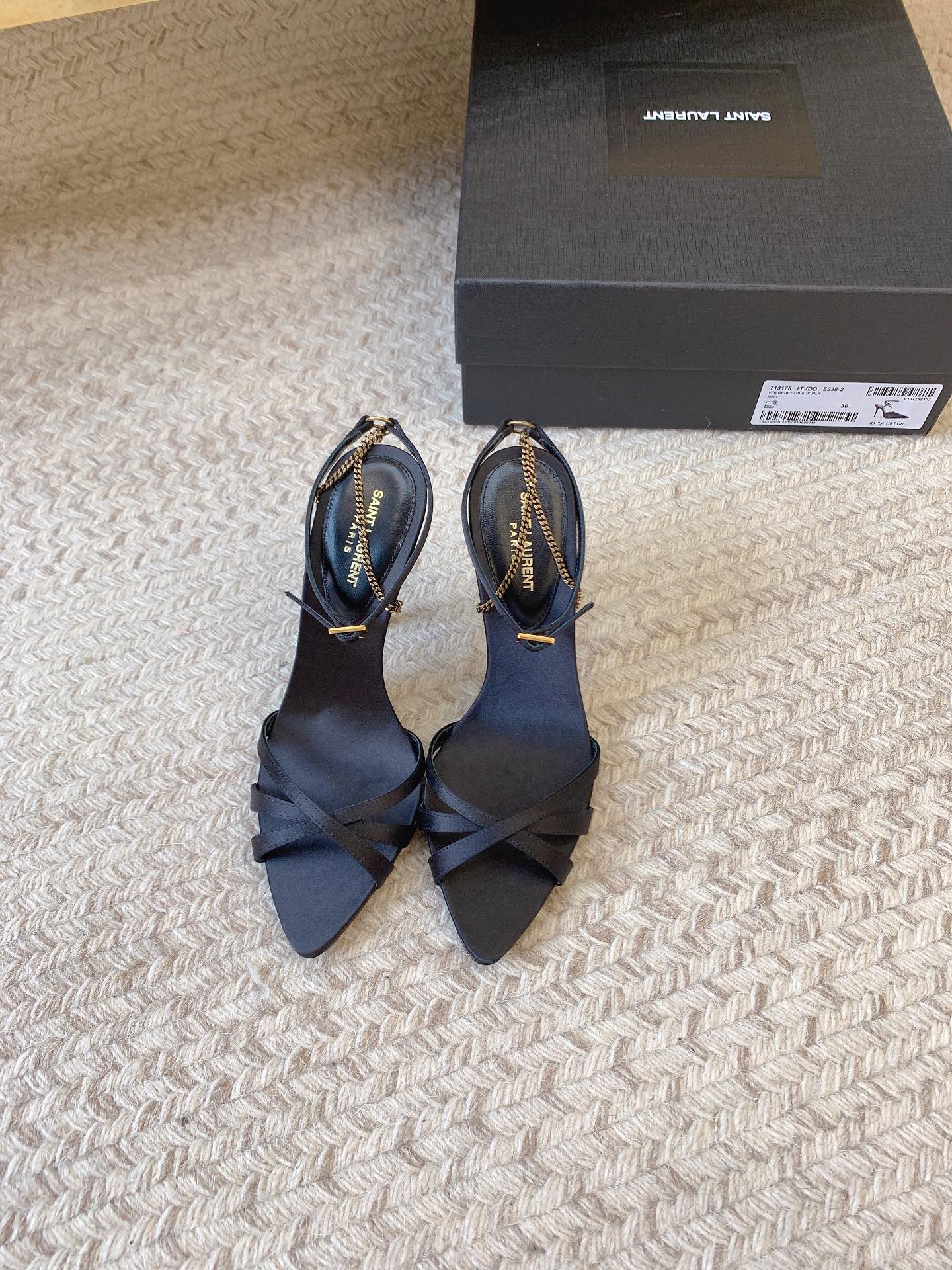 CROSS STRAP HIGH HEEL IN BLACK SILK GOLD CHAIN