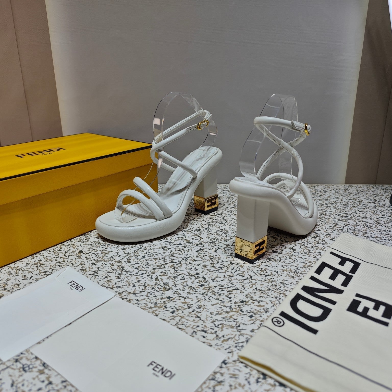 FENDI CHUNKY HIGH-HEELED SANDAL IN WHITE CALFKIN WITH GOLD HARDWARE