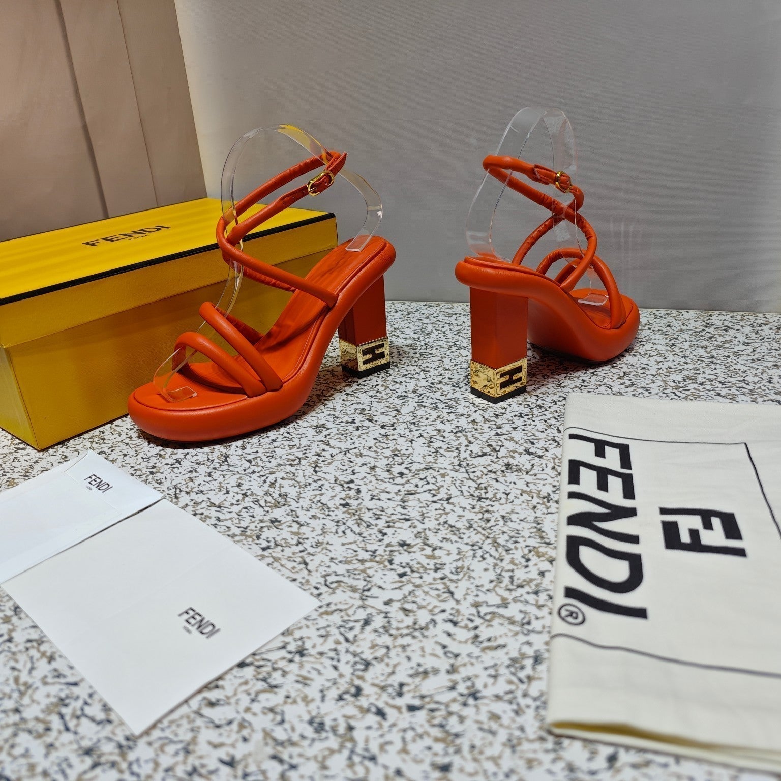 FENDI CHUNKY HIGH-HEELED SANDAL IN ORANGE RED CALFKIN WITH GOLD HARDWARE