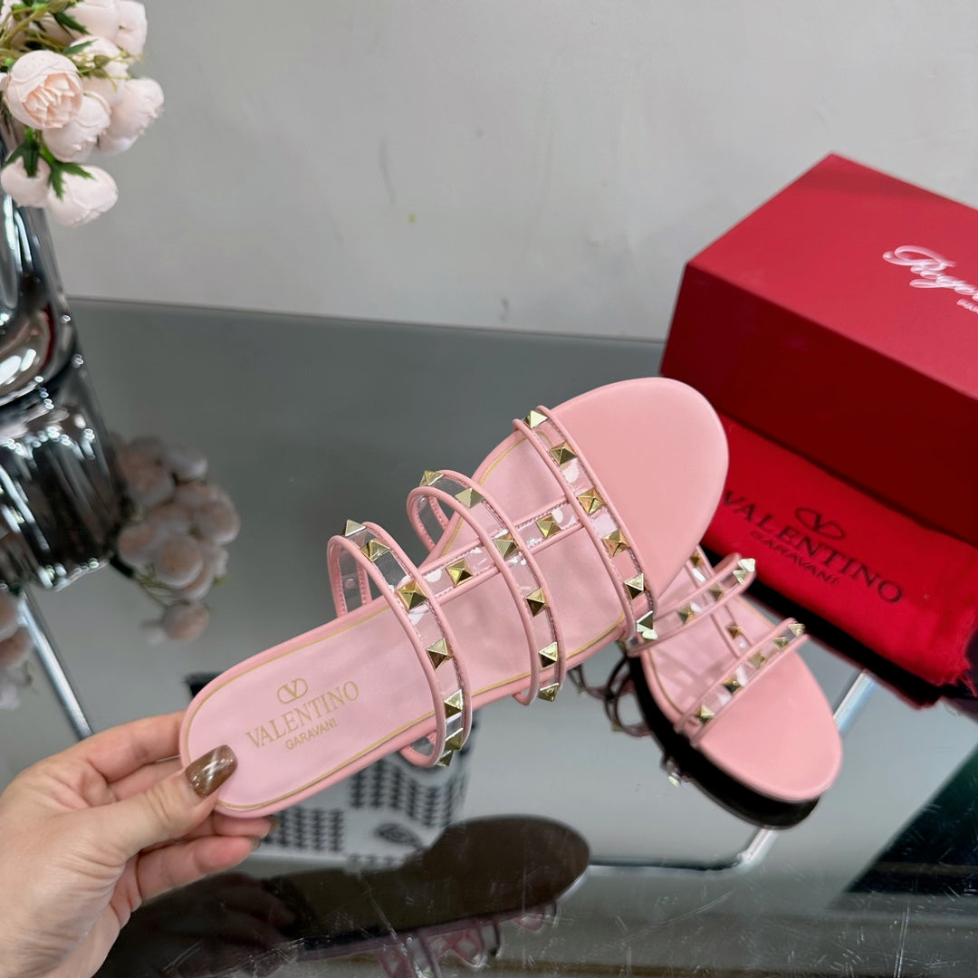 VT 25 Rockstud Flat Sandals Pink PVC Sheepskin